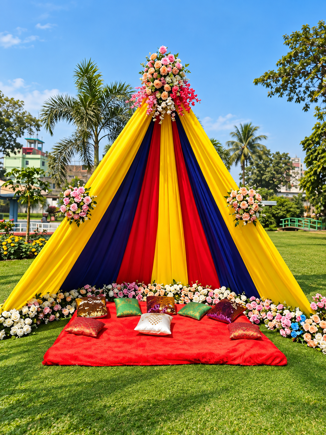 Tall colorful wedding tent with yellow, red and blue fabric panels topped with rose bouquets