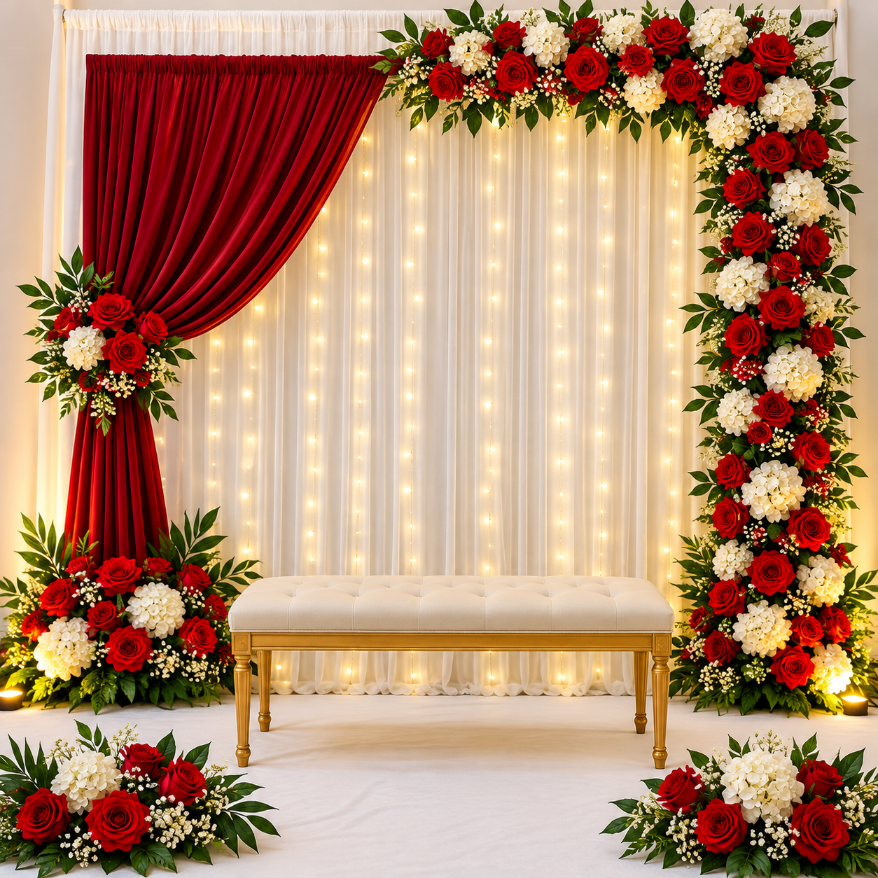 Floral backdrop with red and white rose arch garland over white drapes, fairy lights and red curtain