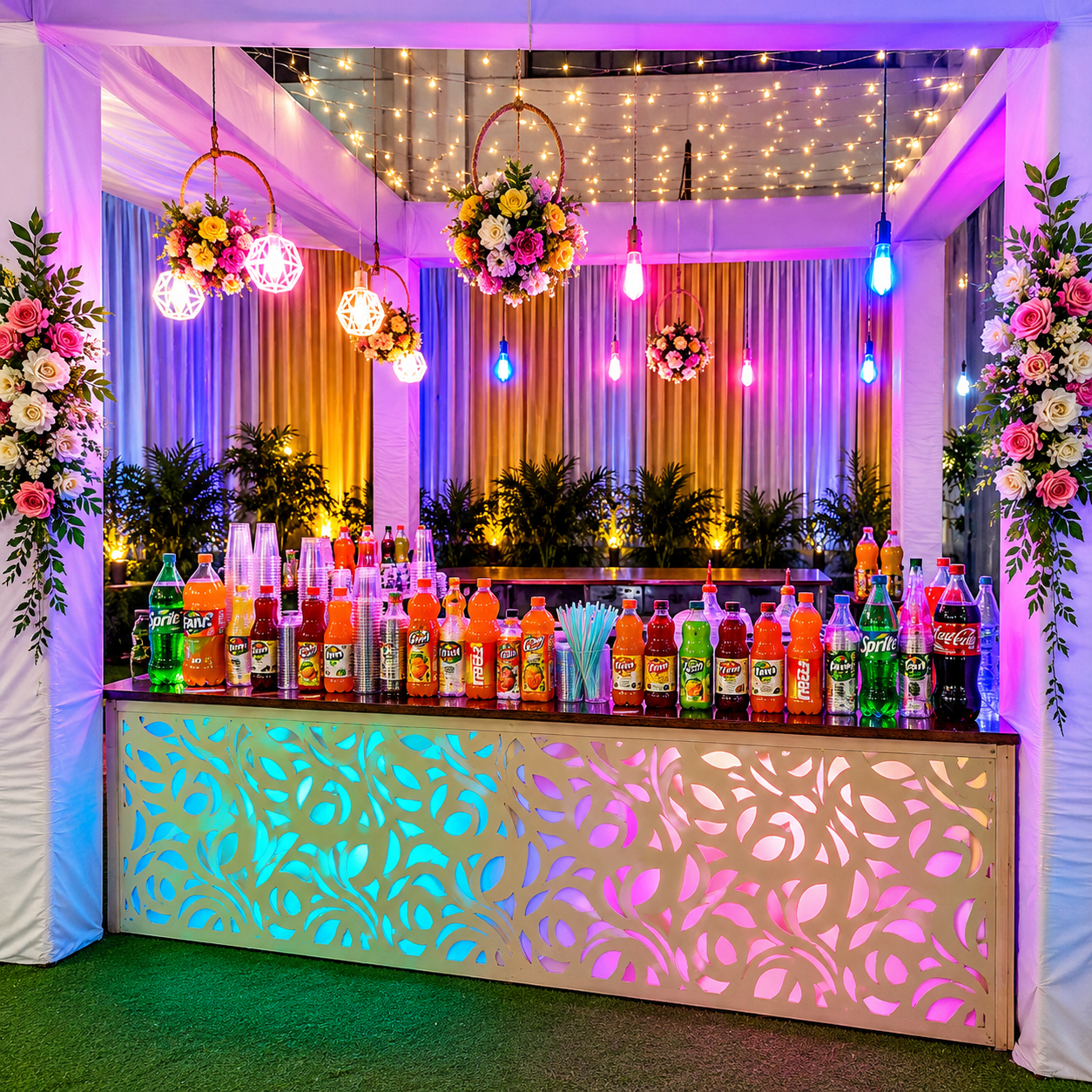 Decorated beverage counter with hanging flower hoops, pink drapes, fairy lights and rows of soda bottles