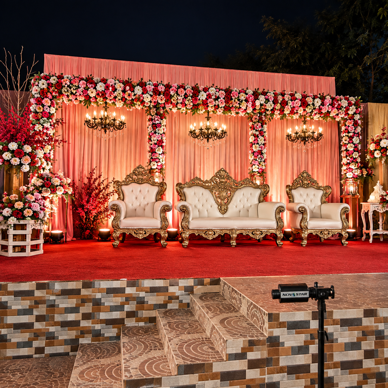 Outdoor wedding stage at night with floral arch, drapes, chandeliers and ornate golden seating