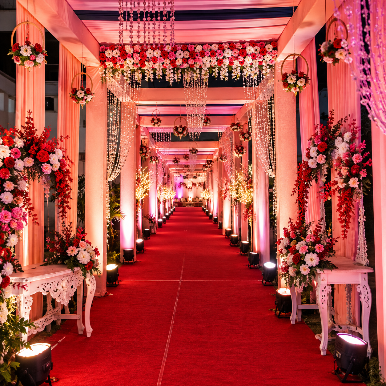 Wedding entrance walkway with pink drapes, hanging crystal strings, flower garlands and red carpet
