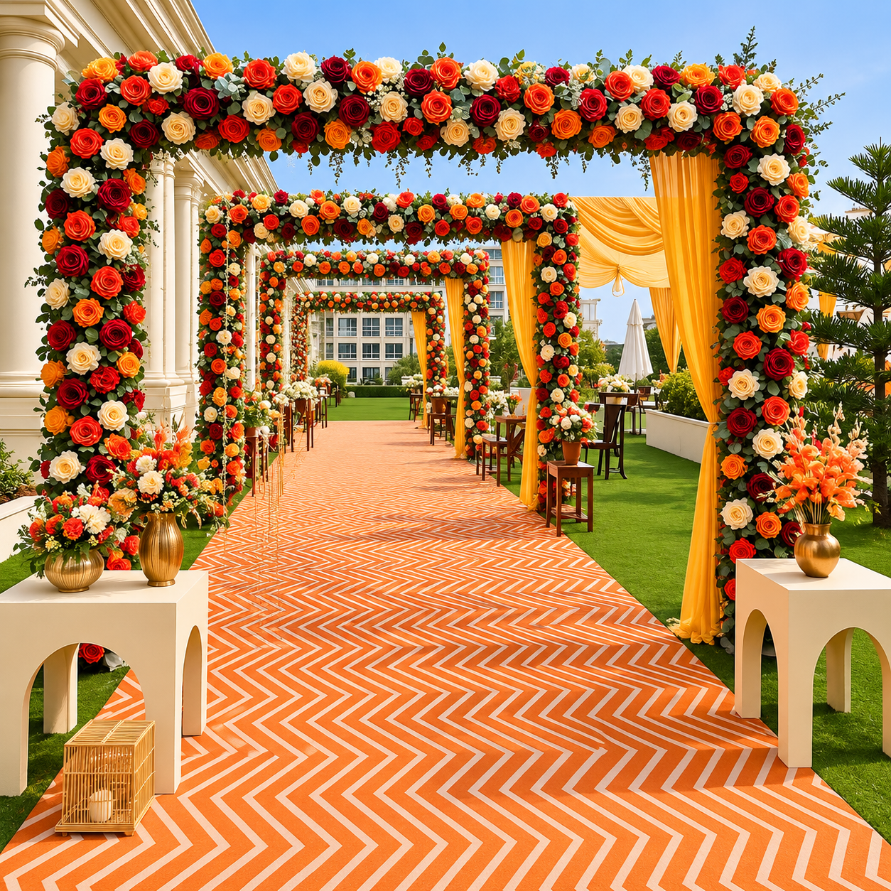 Outdoor wedding mandap with rose-covered arches, yellow drapes and lawn seating